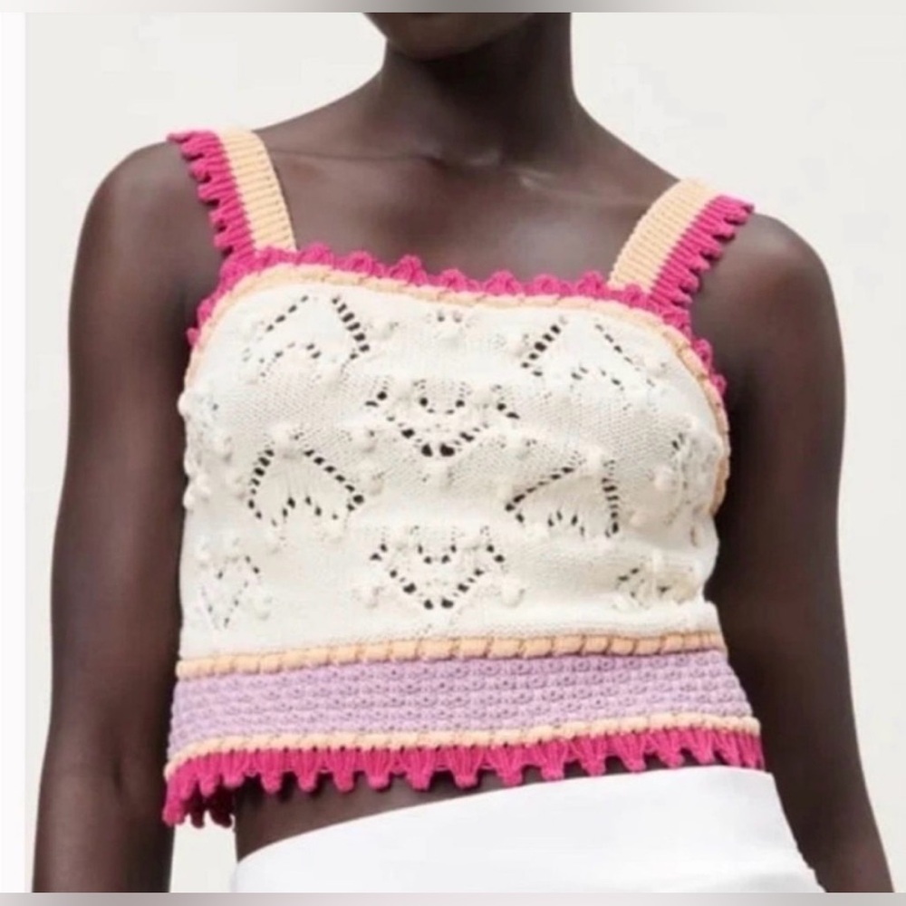 ZARA Elegant Knit Crochet Crop Top Hearts Pink Purple Cream Size M Medium